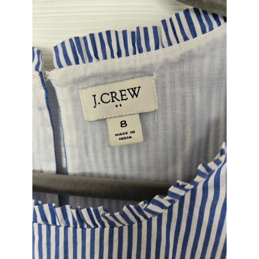 J.Crew Blue White Striped Tiered Ruffle Mini Dress Sleeveless Side Zip Size 8 - Picture 2 of 12